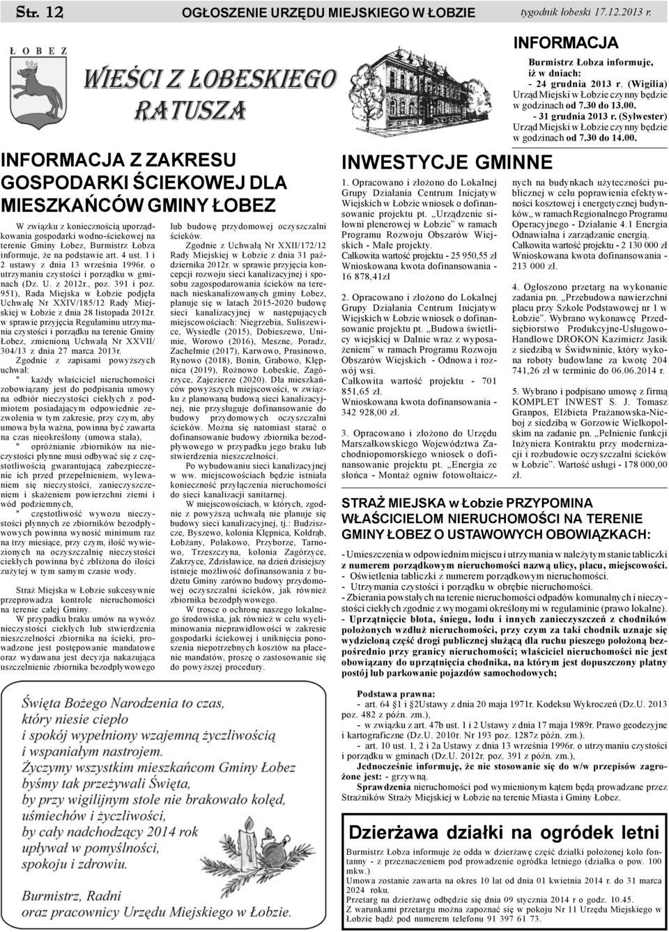 podstawie art. 4 ust. 1 i 2 ustawy z dnia 13 wrzeœnia 1996r. o utrzymaniu czystoœci i porz¹dku w gminach (Dz. U. z 2012r., poz. 391 i poz.