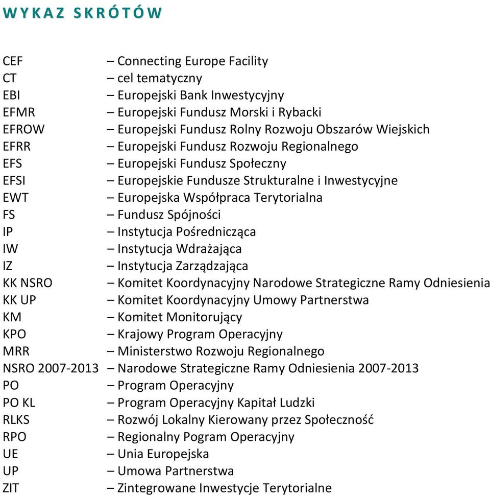 Spójności IP Instytucja Pośrednicząca IW Instytucja Wdrażająca IZ Instytucja Zarządzająca KK NSRO Komitet Koordynacyjny Narodowe Strategiczne Ramy Odniesienia KK UP Komitet Koordynacyjny Umowy