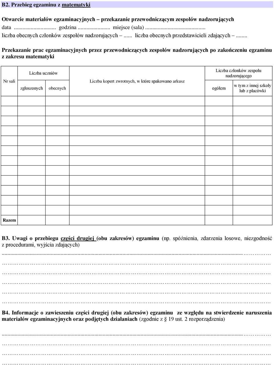 .. Przekazanie prac egzaminacyjnych przez przewodniczących zespołów nadzorujących po zakończeniu egzaminu z zakresu matematyki Nr sali uczniów kopert zwrotnych, w które spakowano arkusz zgłoszonych