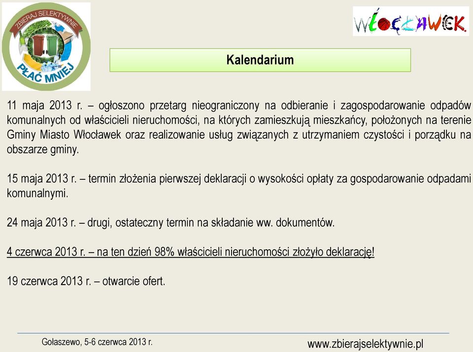 położonych na terenie Gminy Miasto Włocławek oraz realizowanie usług związanych z utrzymaniem czystości i porządku na obszarze gminy. 15 maja 2013 r.