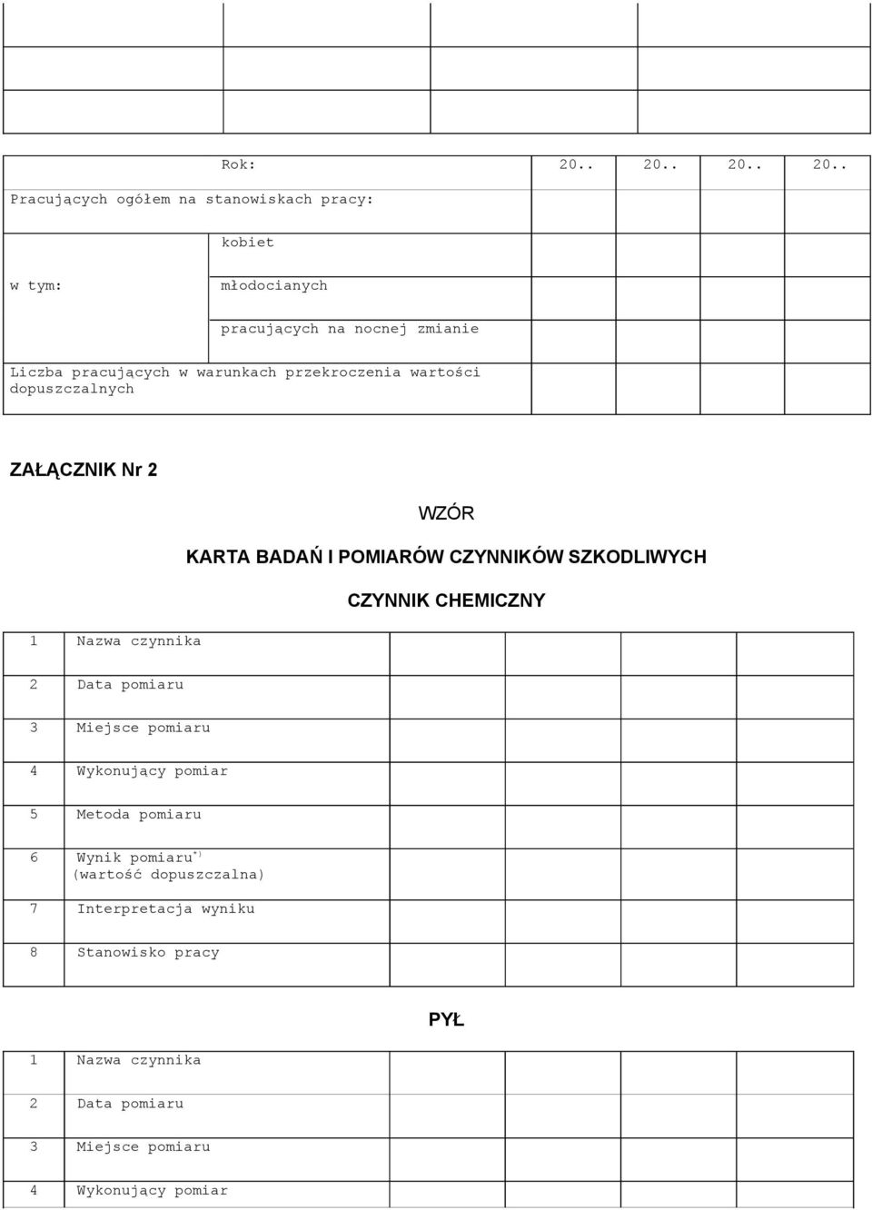 pracujących w warunkach przekroczenia wartości dopuszczalnych ZAŁĄCZNIK Nr 2 WZÓR