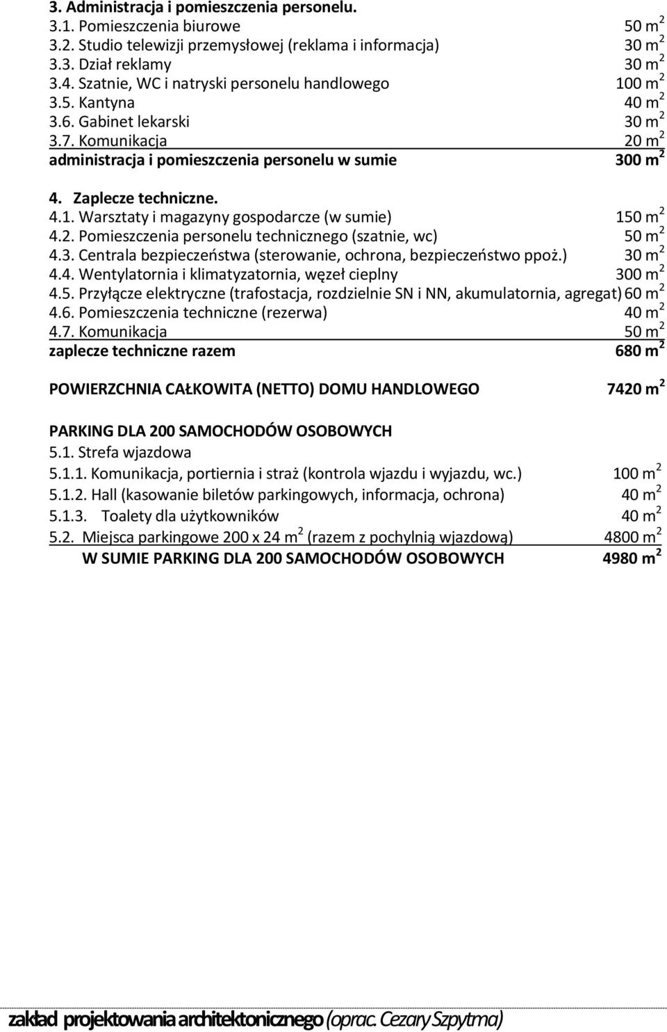 Zaplecze techniczne. 4.1. Warsztaty i magazyny gospodarcze (w sumie) 150 m 2 4.2. Pomieszczenia personelu technicznego (szatnie, wc) 50 m 2 4.3.