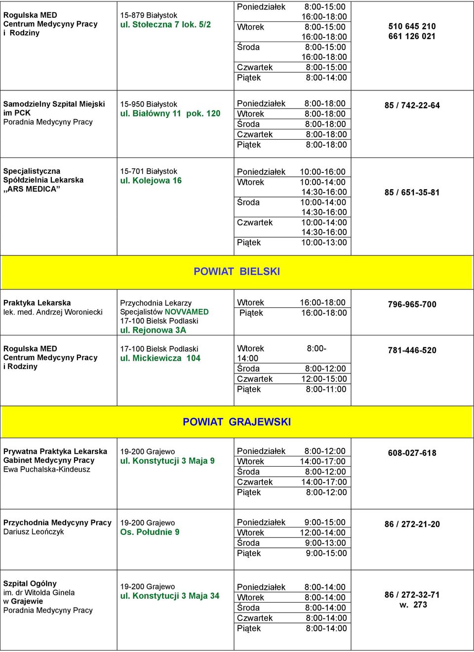 120 Poniedziałek 8:00-18:00 Wtorek 8:00-18:00 85 / 742-22-64 Środa 8:00-18:00 Czwartek 8:00-18:00 Piątek 8:00-18:00 Specjalistyczna Spółdzielnia Lekarska,,ARS MEDICA 15-701 Białystok ul.