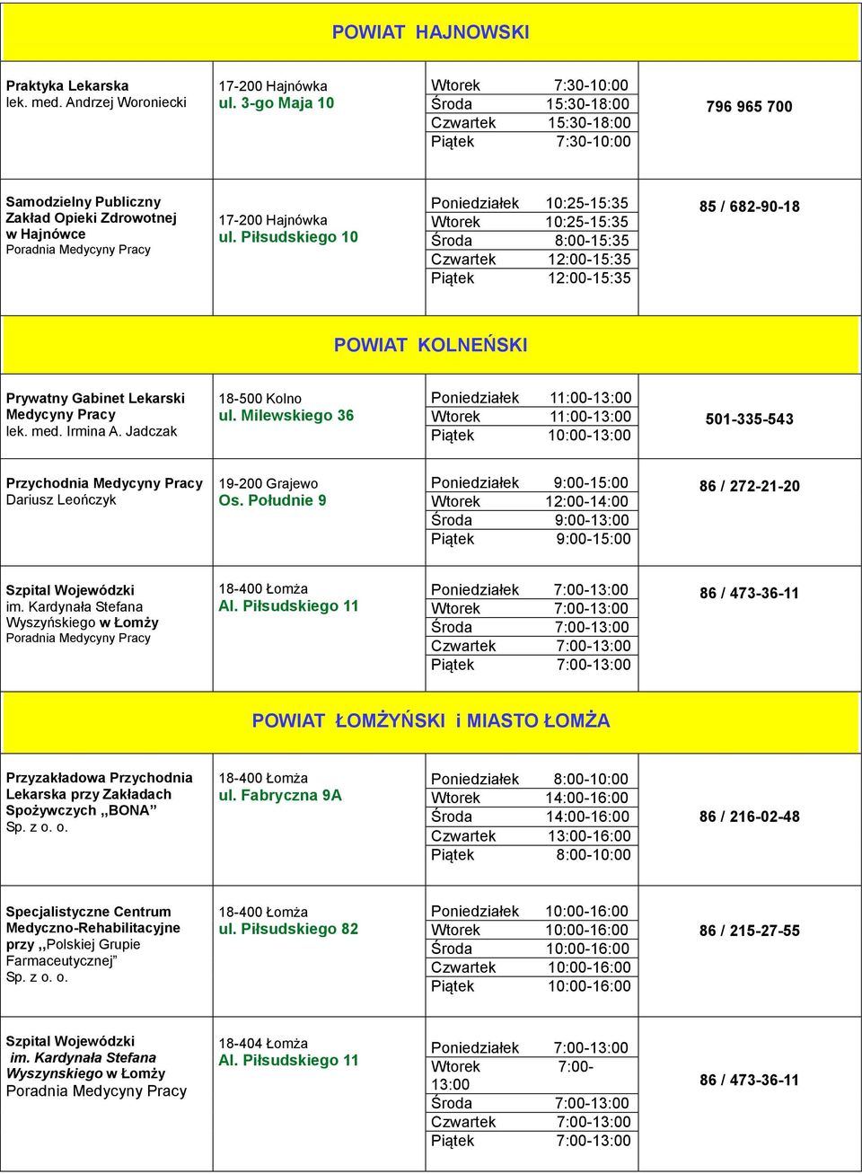 Piłsudskiego 10 Poniedziałek 10:25-15:35 Wtorek 10:25-15:35 85 / 682-90-18 Środa 8:00-15:35 Czwartek 12:00-15:35 Piątek 12:00-15:35 POWIAT KOLNEŃSKI Prywatny Gabinet Lekarski Medycyny Pracy lek. med.