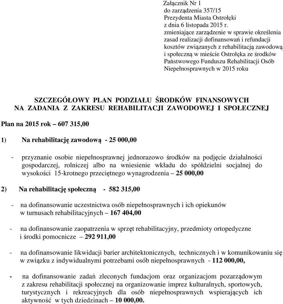 na 2015 rok 607 315,00 1) Na rehabilitację zawodową - 25 000,00 - przyznanie osobie niepełnosprawnej jednorazowo środków na podjęcie działalności gospodarczej, rolniczej albo na wniesienie wkładu do