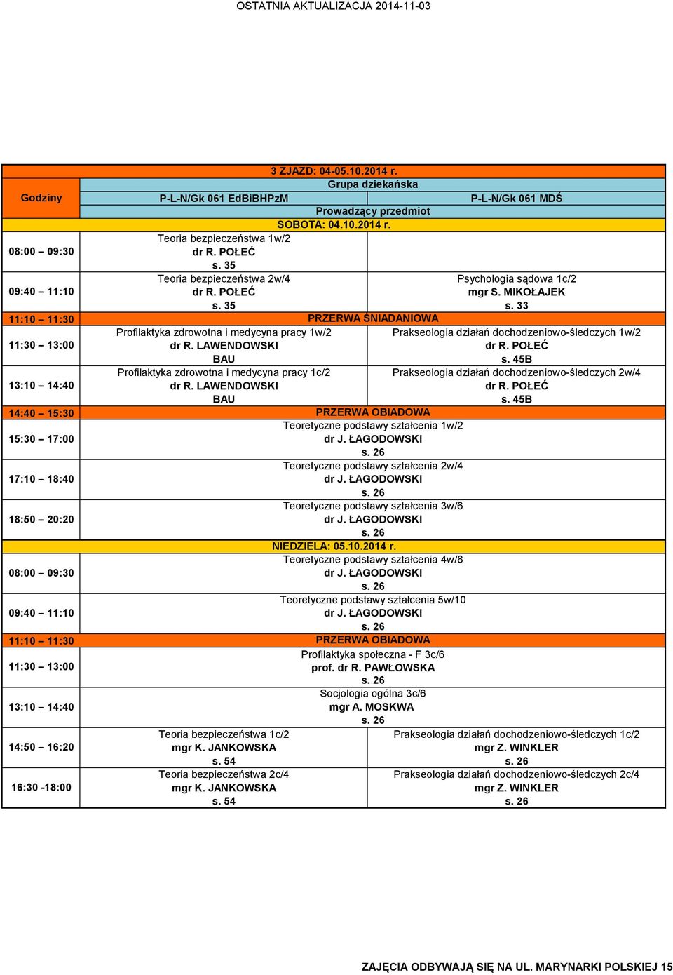 dochodzeniowo-śledczych 2w/4 BAU Teoretyczne podstawy ształcenia 1w/2 Teoretyczne podstawy ształcenia 2w/4 Teoretyczne podstawy ształcenia 3w/6 NIEDZIELA: 05.10.2014 r.