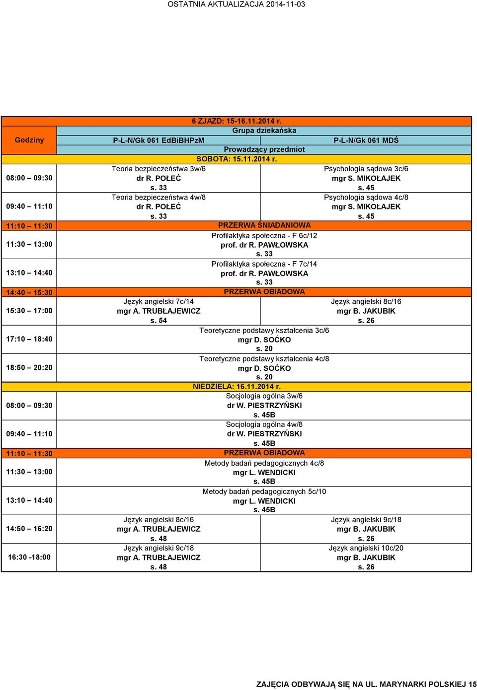 33 Język angielski 7c/14 Język angielski 8c/16 Teoretyczne podstawy kształcenia 3c/6 Teoretyczne podstawy kształcenia 4c/8 NIEDZIELA: 16.11.2014 r.