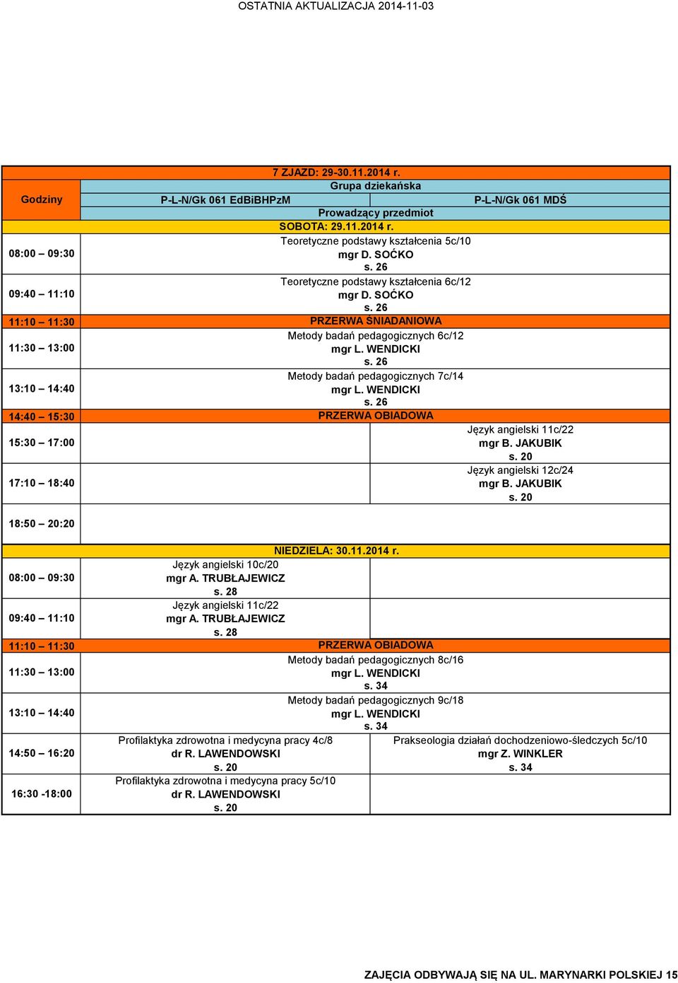 Teoretyczne podstawy kształcenia 5c/10 Teoretyczne podstawy kształcenia 6c/12 Metody badań pedagogicznych 6c/12 Metody badań