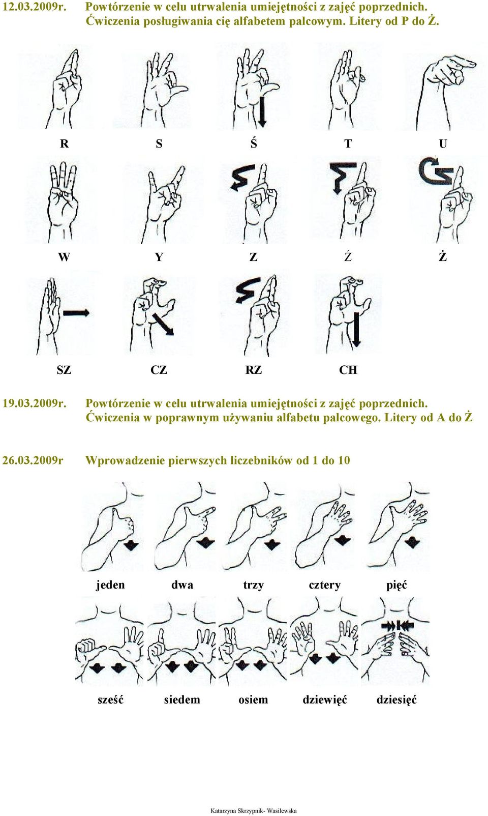 Ćwiczenia w poprawnym używaniu alfabetu palcowego. Litery od A do Ż 26.03.