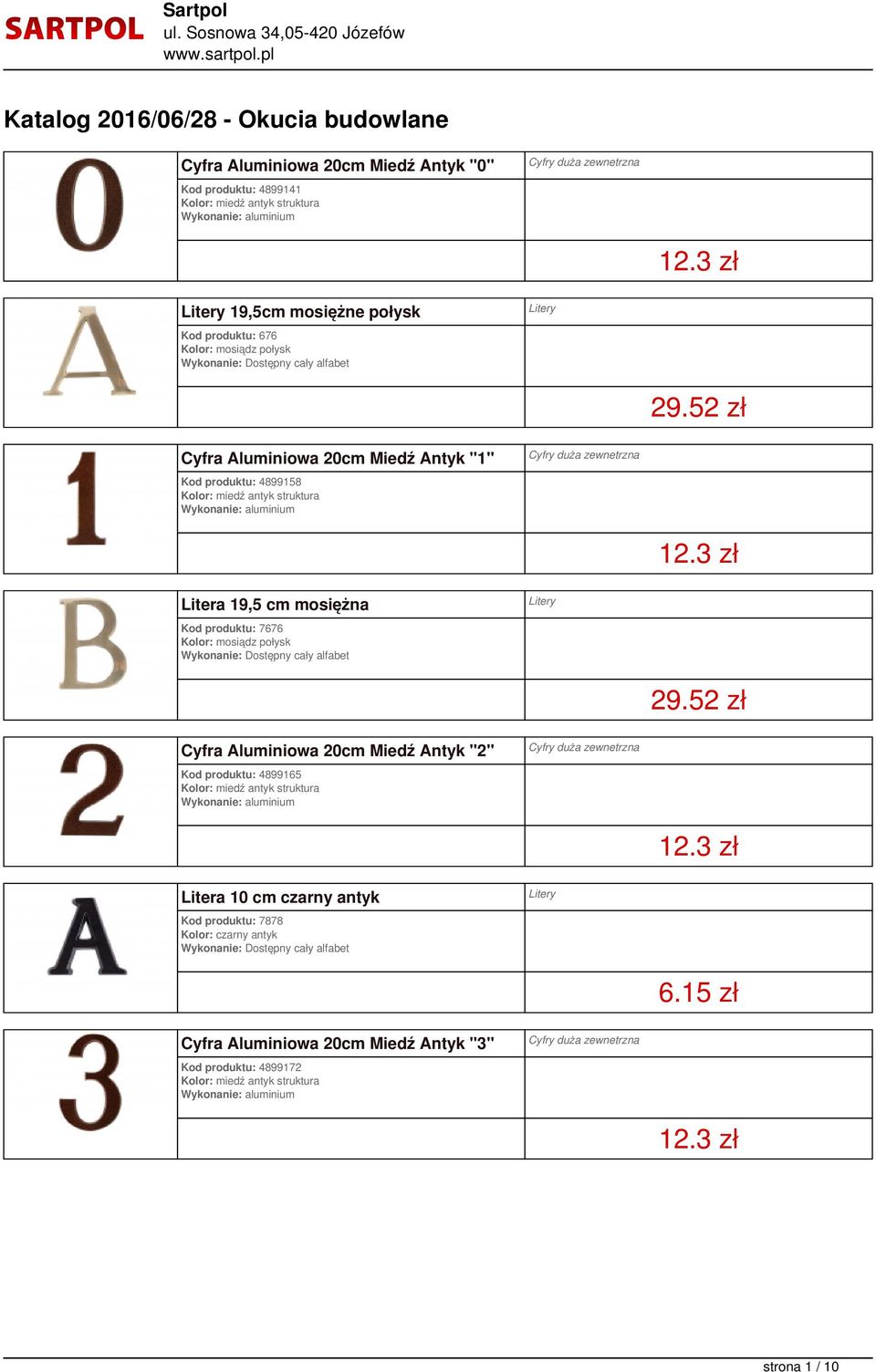 52 zł Cyfra Aluminiowa 20cm Miedź Antyk "1" Kod produktu: 4899158 Litera 19,5 cm mosiężna Kod produktu: 7676 Kolor: mosiądz