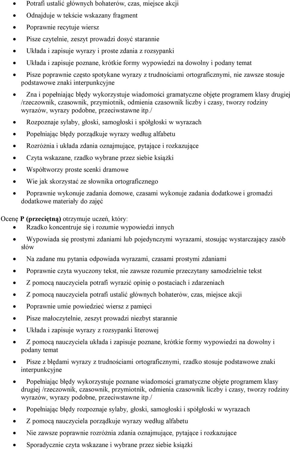 podstawowe znaki interpunkcyjne Zna i popełniając błędy wykorzystuje wiadomości gramatyczne objęte programem klasy drugiej /rzeczownik, czasownik, przymiotnik, odmienia czasownik liczby i czasy,