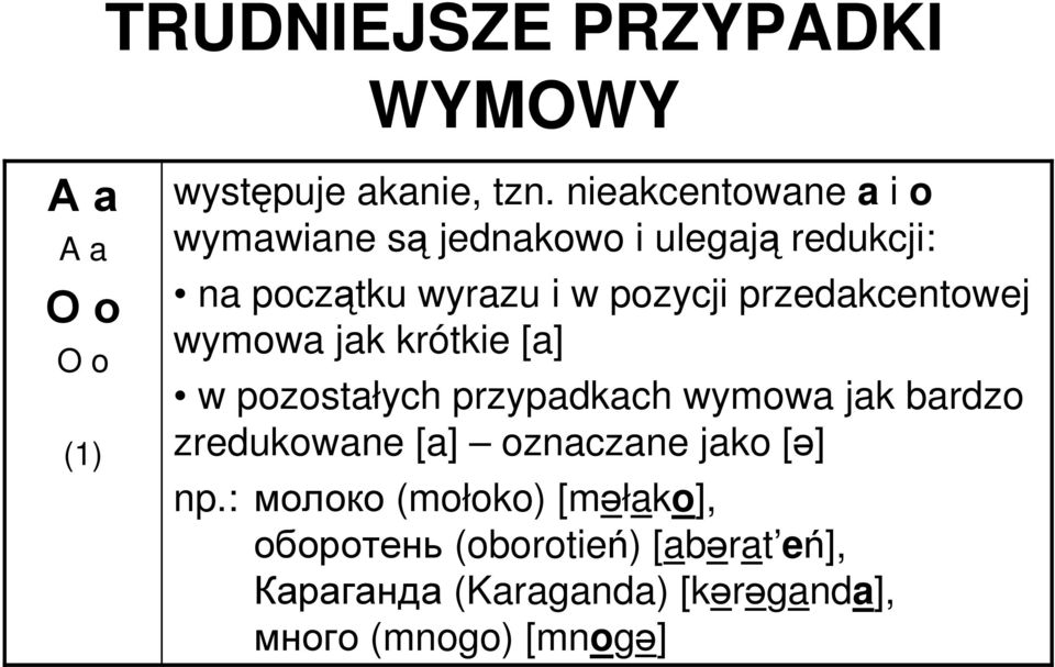 przedakcentowej wymowa jak krótkie [a] w pozostałych przypadkach wymowa jak bardzo zredukowane [a]