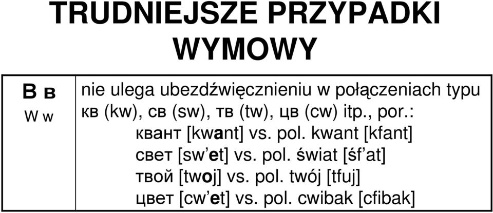 : квант [kwant] vs. pol. kwant [kfant] свет [sw et] vs. pol. świat [śf at] твой [twoj] vs.