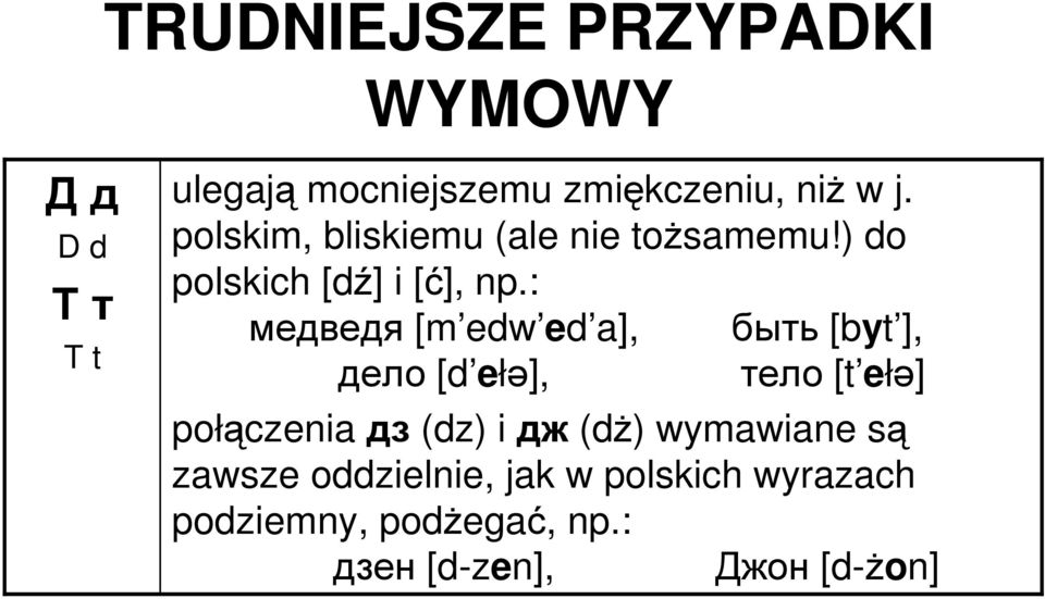: медведя [m edw ed a], быть [byt ], дело [d ełə], тело [t ełə] połączenia дз (dz) i
