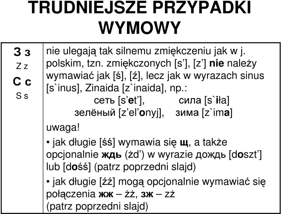 : сеть [s et ], сила [s`iła] зелёный [z el onyj], зима [z`ima] uwaga!