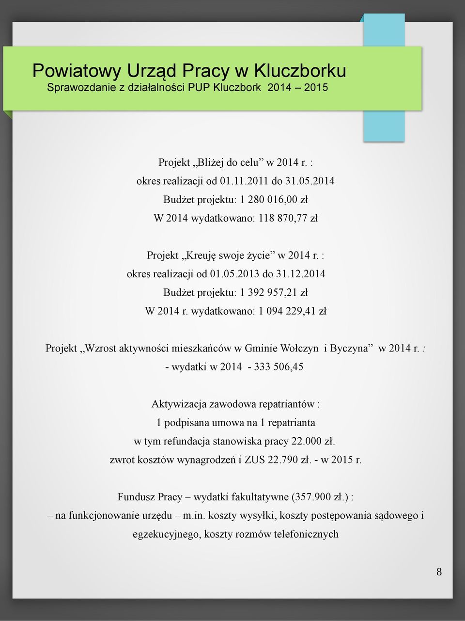 wydatkowano: 1 094 229,41 zł Projekt Wzrost aktywności mieszkańców w Gminie Wołczyn i Byczyna w 2014 r.
