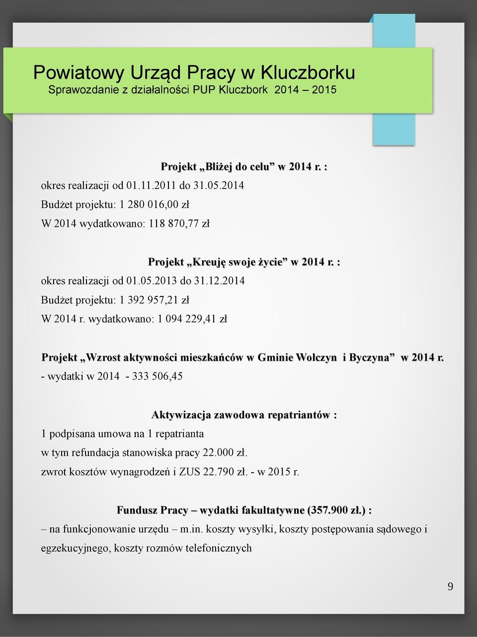 wydatkowano: 1 094 229,41 zł Projekt Wzrost aktywności mieszkańców w Gminie Wołczyn i Byczyna w 2014 r.