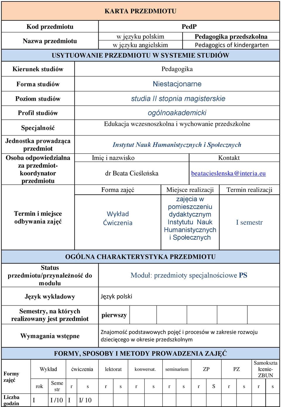 Niestacjonarne studia II stopnia magisterskie ogólnoakademicki Edukacja wczesnoszkolna i wychowanie przedszkolne Instytut Nauk Humanistycznych i Społecznych Imię i nazwisko dr Beata Cieśleńska