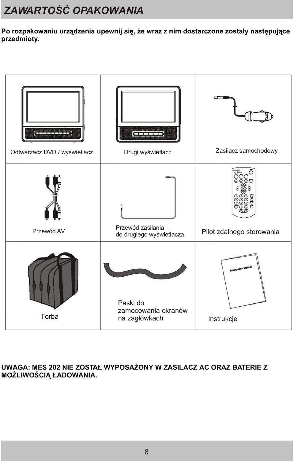 Odtwarzacz DVD / wyœwietlacz Drugi wyœwietlacz Zasilacz samochodowy Przewód AV Przewód zasilania do