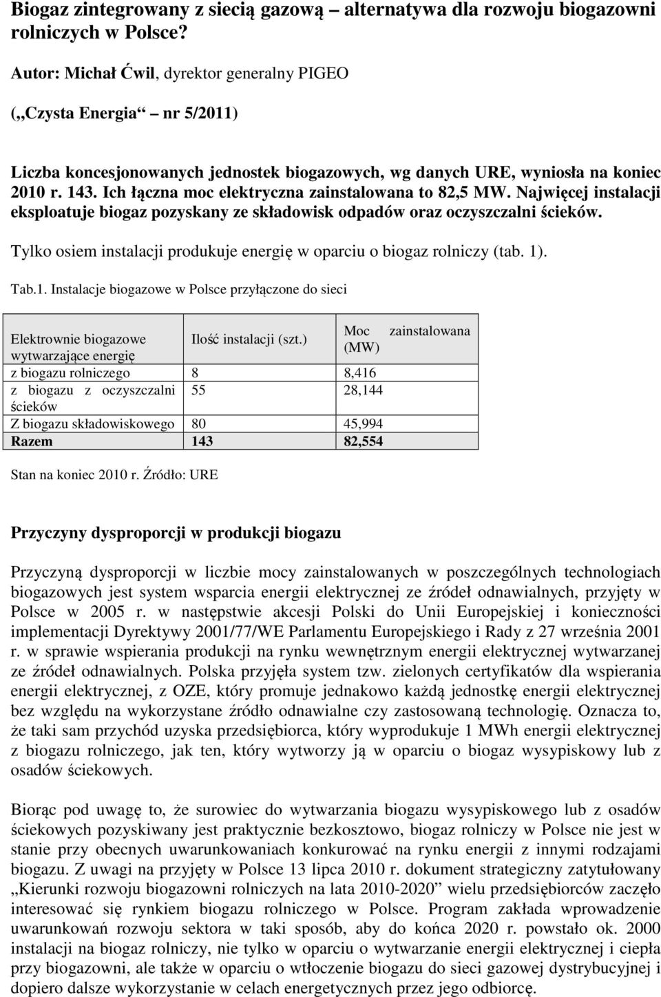 Ich łączna moc elektryczna zainstalowana to 82,5 MW. Najwięcej instalacji eksploatuje biogaz pozyskany ze składowisk odpadów oraz oczyszczalni ścieków.