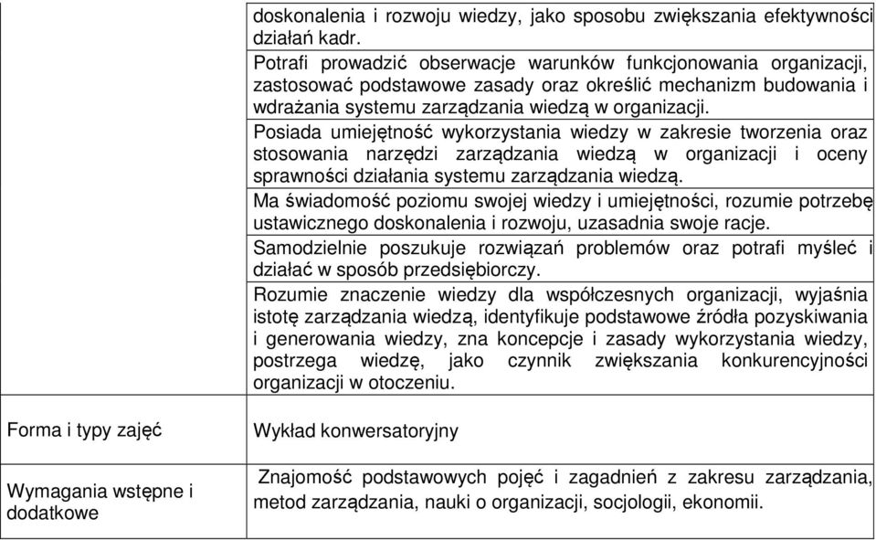 Posiada umiejętność wykorzystania wiedzy w zakresie tworzenia oraz stosowania narzędzi zarządzania wiedzą w organizacji i oceny sprawności działania systemu zarządzania wiedzą.