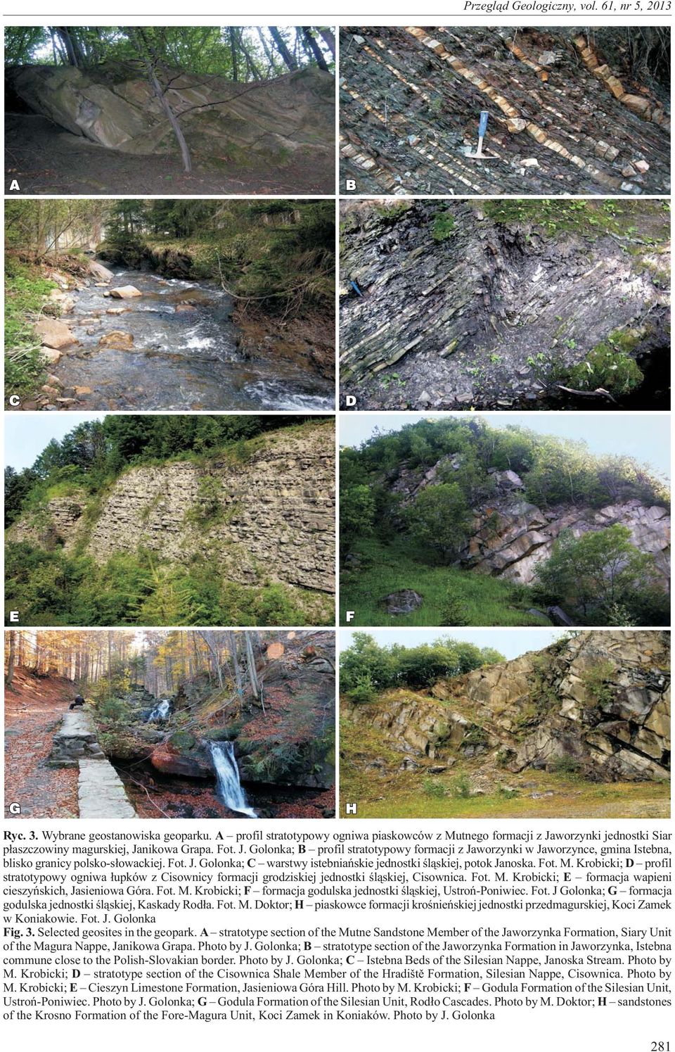 Fot. M. Krobicki; D profil stratotypowy ogniwa ³upków z Cisownicy formacji grodziskiej jednostki œl¹skiej, Cisownica. Fot. M. Krobicki; E formacja wapieni cieszyñskich, Jasieniowa Góra. Fot. M. Krobicki; F formacja godulska jednostki œl¹skiej, Ustroñ-Poniwiec.