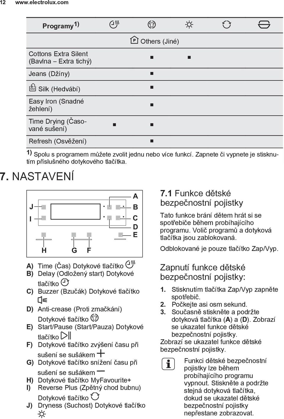 1 Funkce dětské bezpečnostní pojistky Tato funkce brání dětem hrát si se spotřebiče během probíhajícího programu. Volič programů a dotyková tlačítka jsou zablokovaná.