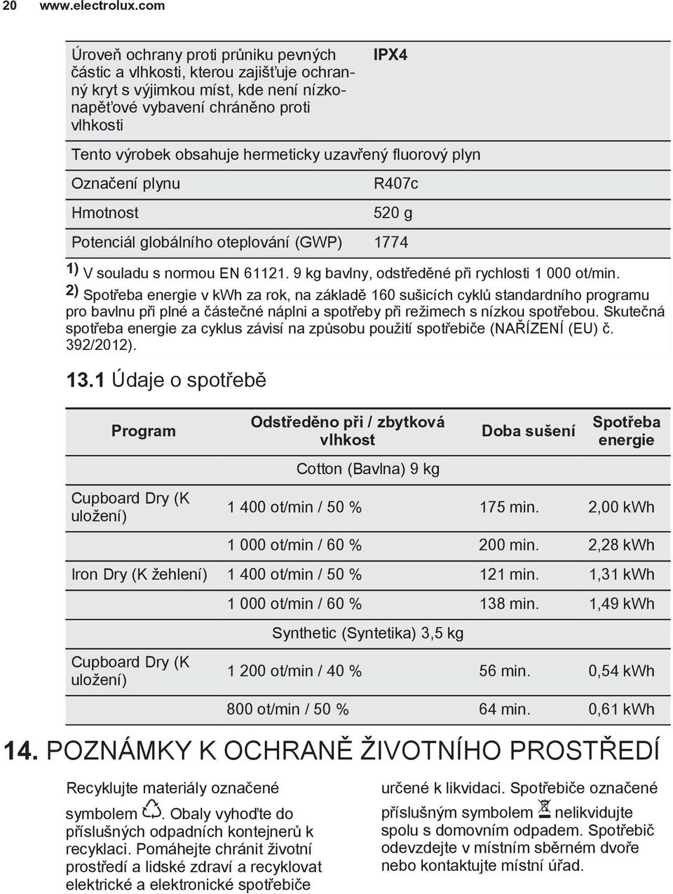 2) Spotřeba energie v kwh za rok, na základě 160 sušicích cyklů standardního programu pro bavlnu při plné a částečné náplni a spotřeby při režimech s nízkou spotřebou.