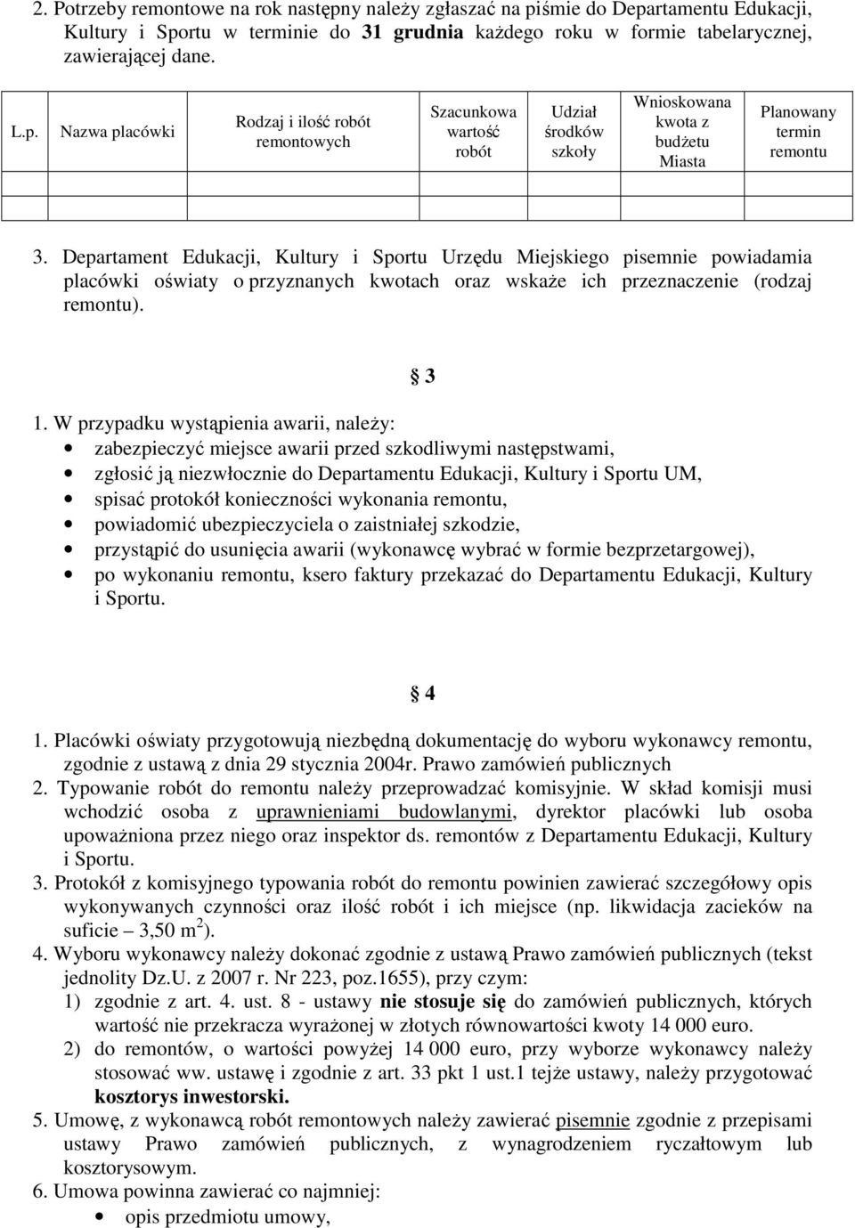 W przypadku wystąpienia awarii, naleŝy: zabezpieczyć miejsce awarii przed szkodliwymi następstwami, zgłosić ją niezwłocznie do Departamentu Edukacji, Kultury i Sportu UM, spisać protokół konieczności