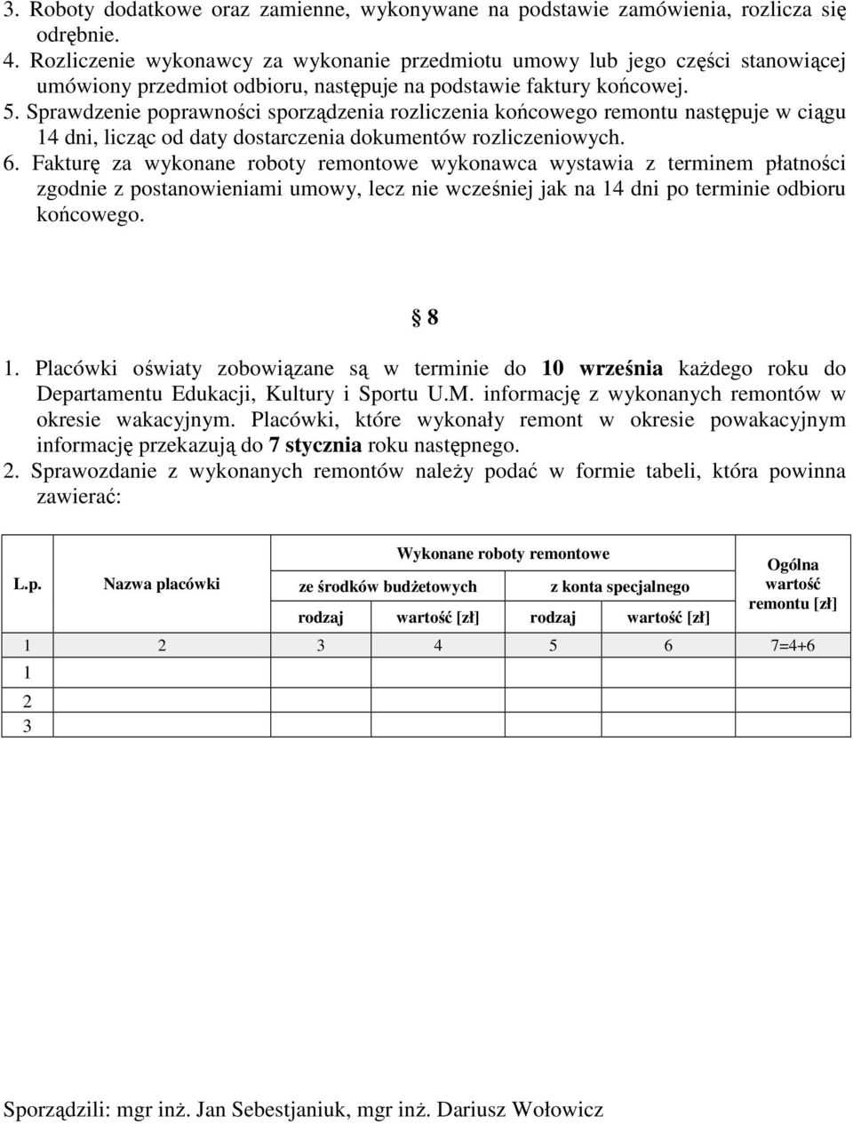 Sprawdzenie poprawności sporządzenia rozliczenia końcowego remontu następuje w ciągu 14 dni, licząc od daty dostarczenia dokumentów rozliczeniowych. 6.
