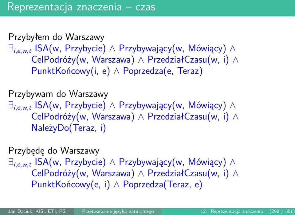 PrzedziałCzasu(w, i) NależyDo(Teraz, i) Przybędę do Warszawy i,e,w,t ISA(w, Przybycie) Przybywający(w, Mówiący) CelPodróży(w, Warszawa)