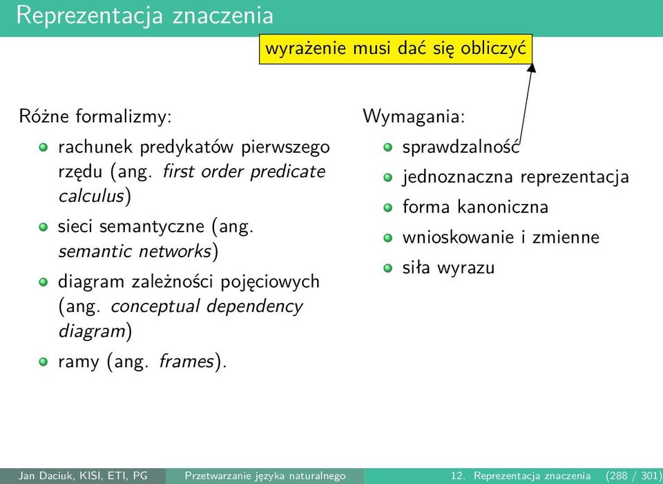 conceptual dependency diagram) ramy (ang. frames). Wymagania: sprawdzalność.