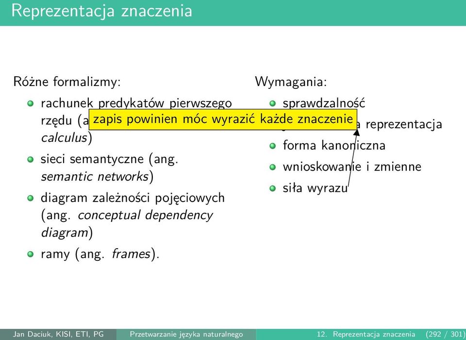 reprezentacja calculus) forma kanoniczna sieci semantyczne (ang. wnioskowanie i zmienne semantic networks) siła wyrazu.