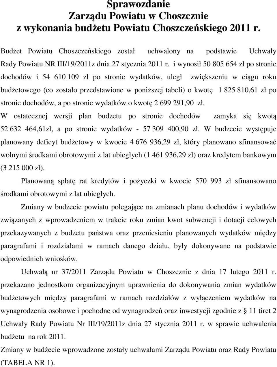 i wynosił 50 805 654 zł po stronie dochodów i 54 610 109 zł po stronie wydatków, uległ zwiększeniu w ciągu u budżetowego (co zostało przedstawione w poniższej tabeli) o kwotę 1 825 810,61 zł po