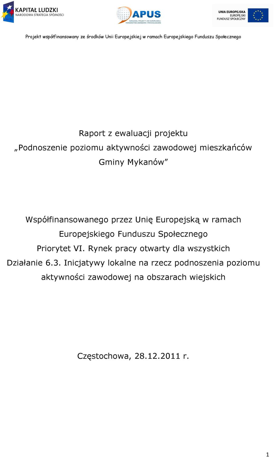 Społecznego Priorytet VI. Rynek pracy otwarty dla wszystkich Działanie 6.3.