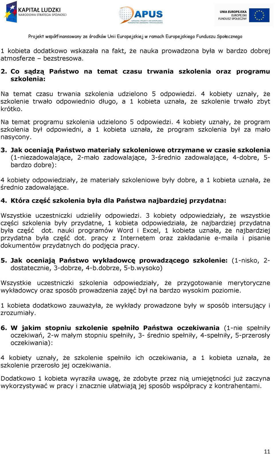 4 kobiety uznały, że szkolenie trwało odpowiednio długo, a 1 kobieta uznała, że szkolenie trwało zbyt krótko. Na temat programu szkolenia udzielono 5 odpowiedzi.