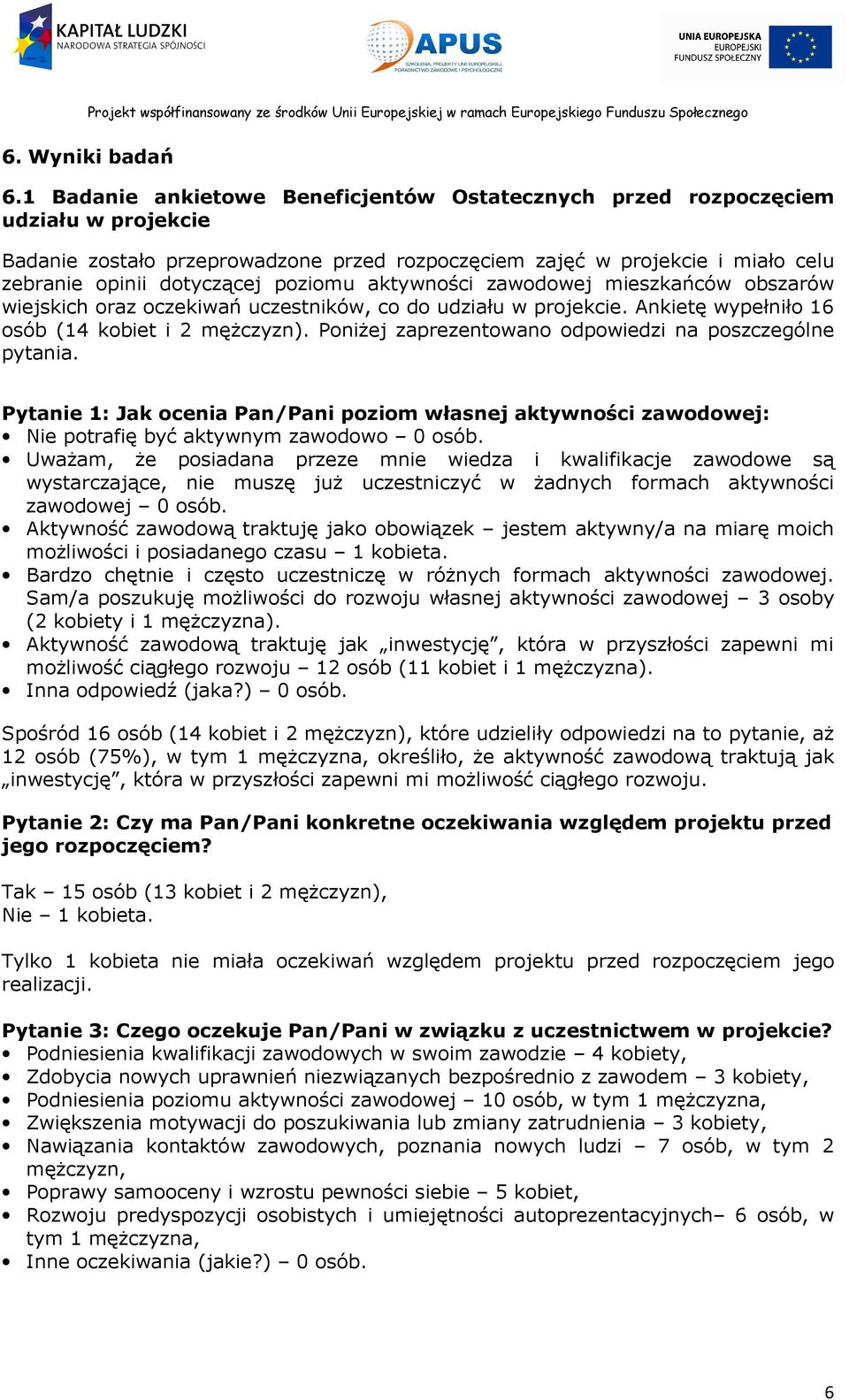 poziomu aktywności zawodowej mieszkańców obszarów wiejskich oraz oczekiwań uczestników, co do udziału w projekcie. Ankietę wypełniło 16 osób (14 kobiet i 2 mężczyzn).