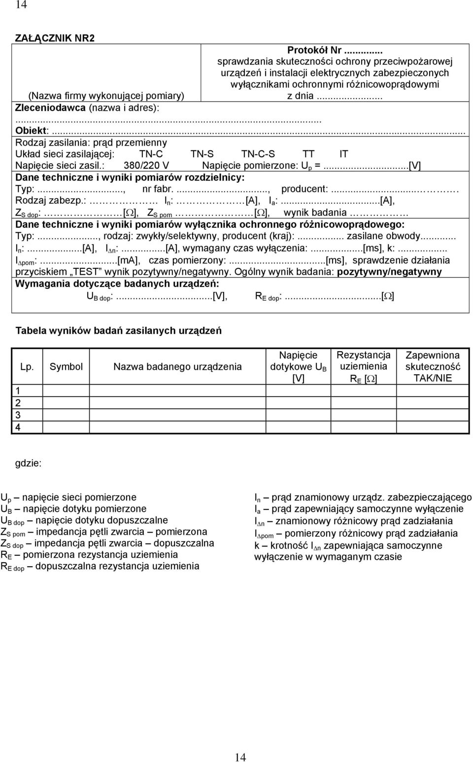 .. Zleceniodawca (nazwa i adres):... Obiekt:... Rodzaj zasilania: prąd przemienny Układ sieci zasilającej: TN-C TN-S TN-C-S TT IT Napięcie sieci zasil.: 380/220 V Napięcie pomierzone: U p =.