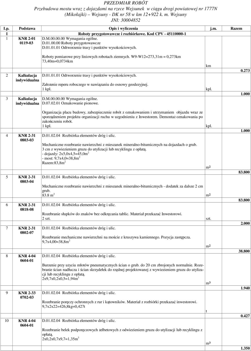 2 Kalkulacja 3 Kalkulacja Roboy poiarowe przy liniowych roboach zienych. W9-W12=273,31 = 0,273k 73,40=0,0734k D.01.01.01 Odworzenie rasy i punków wysokościowych.