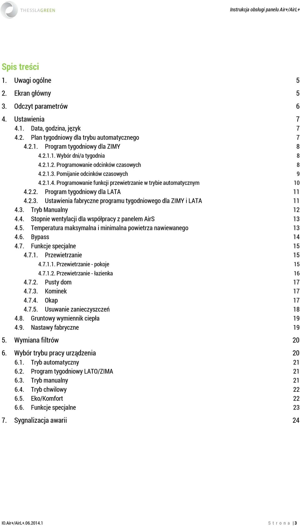 2.3. Ustawienia fabryczne programu tygodniowego dla ZIMY i LATA 11 4.3. Tryb Manualny 12 4.4. Stopnie wentylacji dla współpracy z panelem AirS 13 4.5.