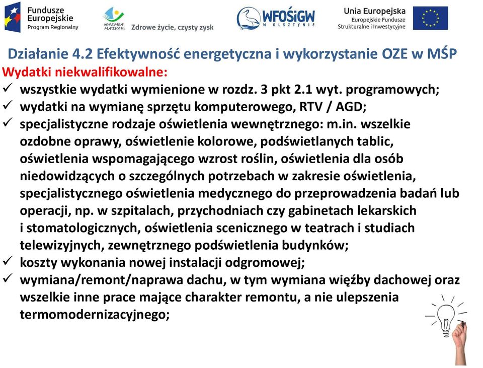 wszelkie ozdobne oprawy, oświetlenie kolorowe, podświetlanych tablic, oświetlenia wspomagającego wzrost roślin, oświetlenia dla osób niedowidzących o szczególnych potrzebach w zakresie oświetlenia,