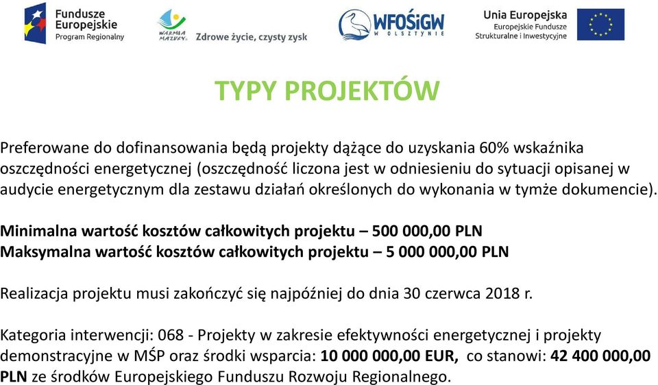 Minimalna wartość kosztów całkowitych projektu 500 000,00 PLN Maksymalna wartość kosztów całkowitych projektu 5 000 000,00 PLN Realizacja projektu musi zakończyć się najpóźniej
