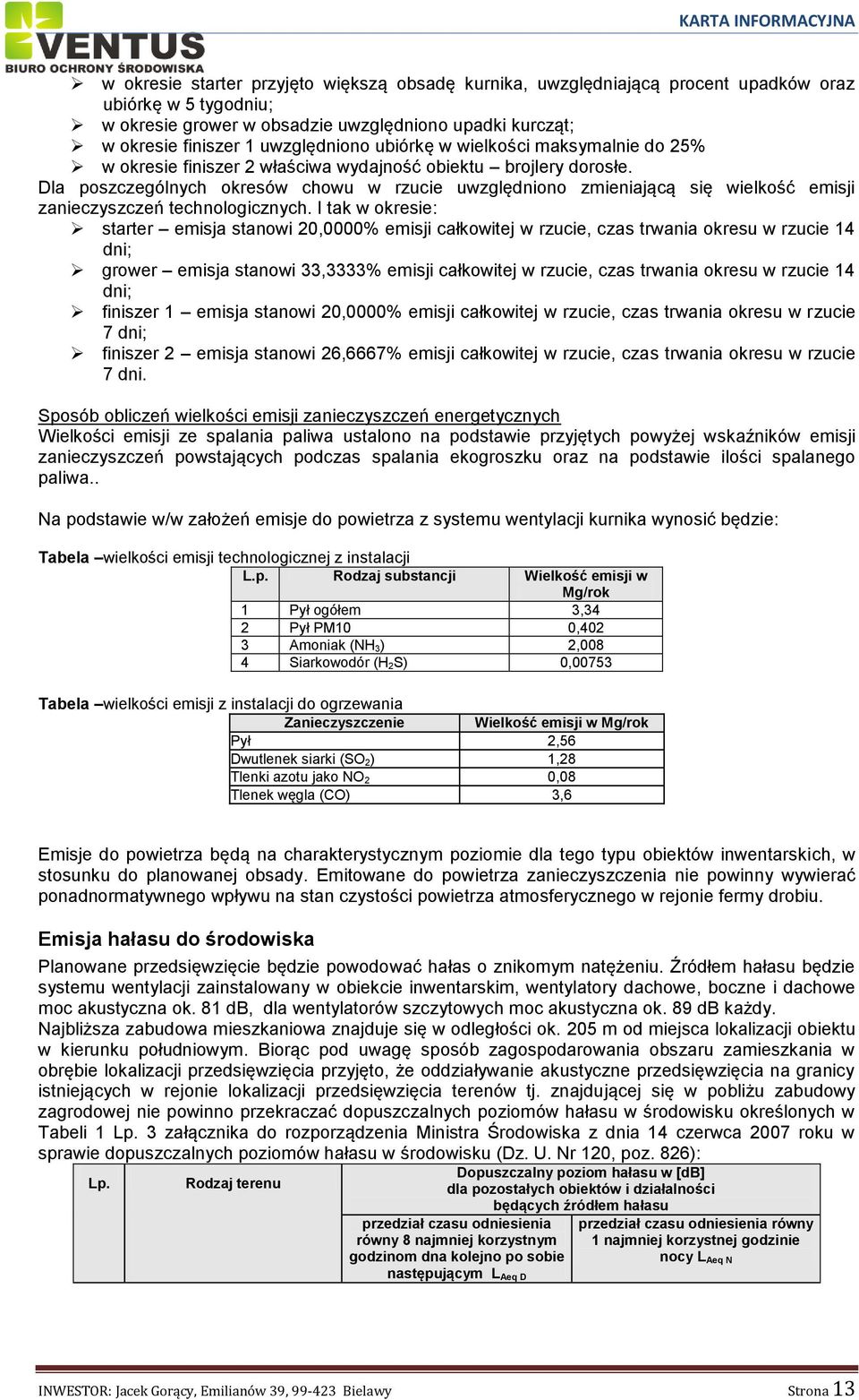 Dla poszczególnych okresów chowu w rzucie uwzględniono zmieniającą się wielkość emisji zanieczyszczeń technologicznych.
