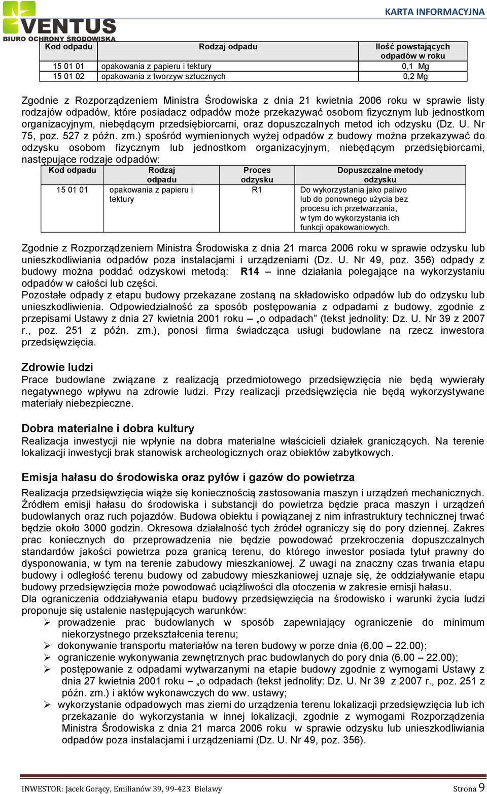 dopuszczalnych metod ich odzysku (Dz. U. Nr 75, poz. 527 z późn. zm.