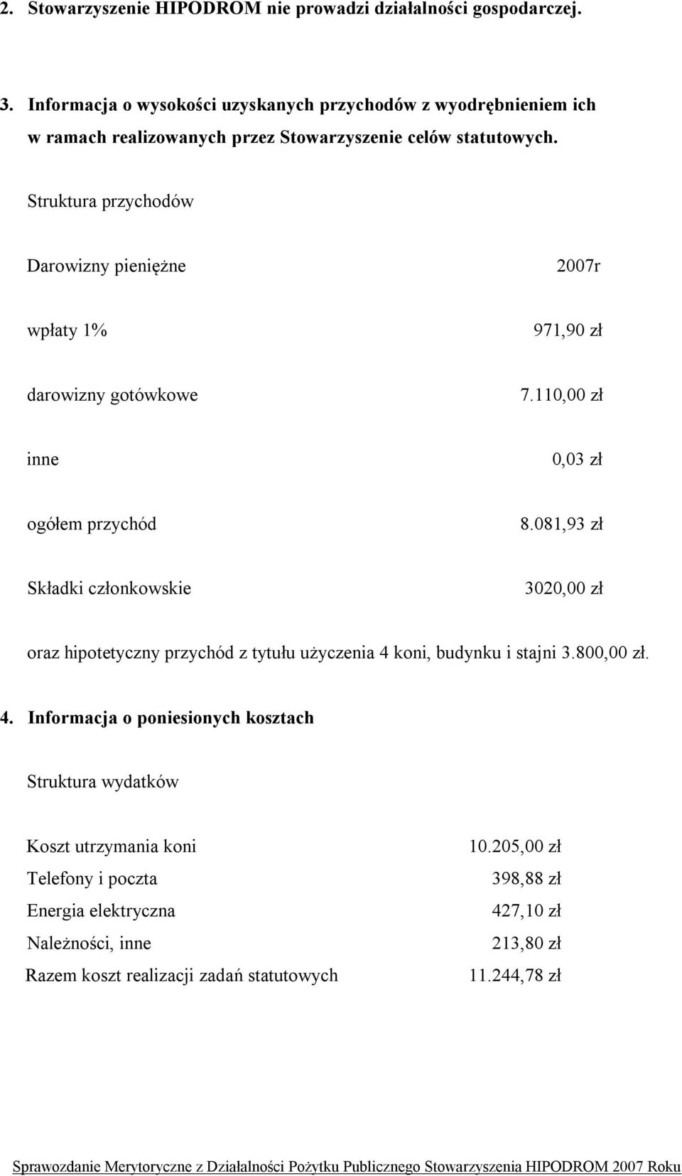 Struktura przychodów Darowizny pieniężne 2007r wpłaty 1% 971,90 zł darowizny gotówkowe 7.110,00 zł inne 0,03 zł ogółem przychód 8.