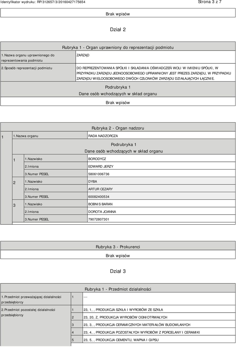 WIELOOSOBOWEGO DWÓCH CZŁONKÓW ZARZĄDU DZIAŁAJĄCYCH ŁĄCZNIE. Podrubryka 1 Dane osób wchodzących w skład organu Rubryka 2 - Organ nadzoru 1 1.