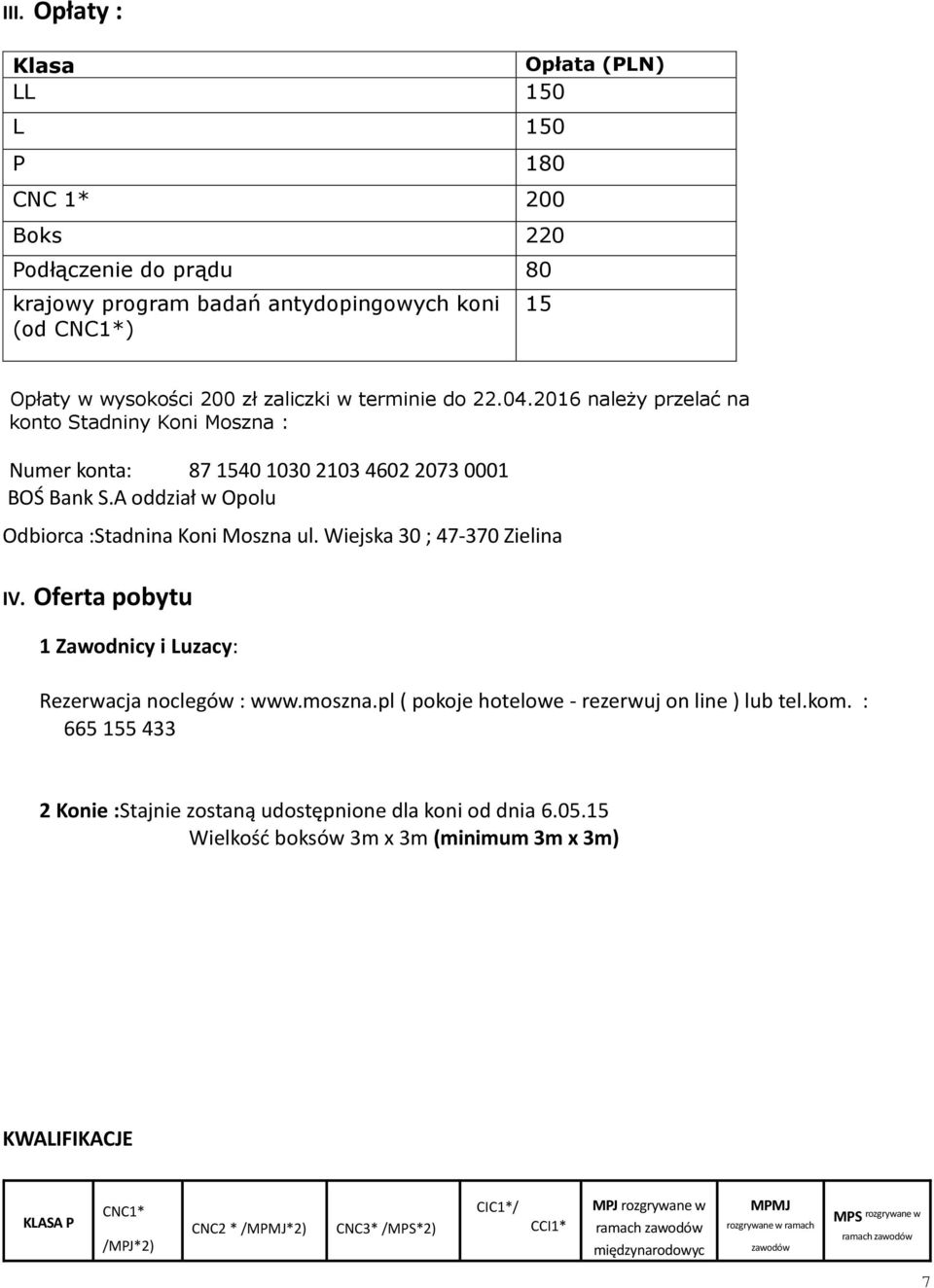 Wiejska 30 ; 47-370 Zielina IV. Oferta pobytu 1 Zawodnicy i Luzacy: Rezerwacja noclegów : www.moszna.pl ( pokoje hotelowe - rezerwuj on line ) lub tel.kom.