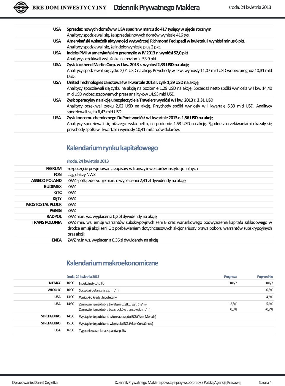 Indeks PMI w amerykańskim przemyśle w IV 2013 r. wyniósł 52,0 pkt Analitycy oczekiwali wskaźnika na poziomie 53,9 pkt. Zysk Lockheed Martin Corp. w I kw. 2013 r. wyniósł 2,33 USD na akcję Analitycy spodziewali się zysku 2,04 USD na akcję.