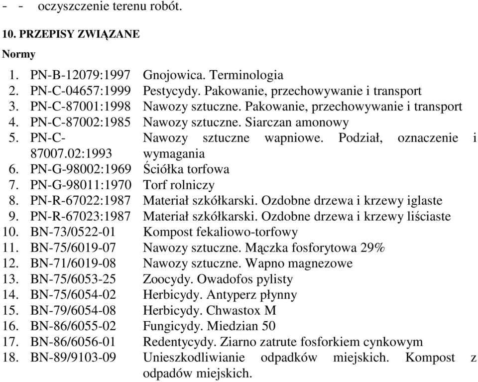 02:1993 wymagania 6. PN-G-98002:1969 Ściółka torfowa 7. PN-G-98011:1970 Torf rolniczy 8. PN-R-67022:1987 Materiał szkółkarski. Ozdobne drzewa i krzewy iglaste 9. PN-R-67023:1987 Materiał szkółkarski.