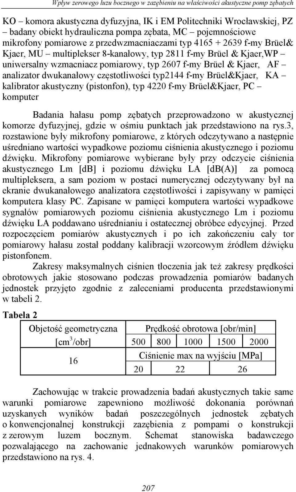 Brüel & Kjaer, AF analizator dwukanałowy częstotliwości typ2144 f-my Brüel&Kjaer, KA kalibrator akustyczny (pistonfon), typ 4220 f-my Brüel&Kjaer, PC komputer Badania hałasu pomp zębatych